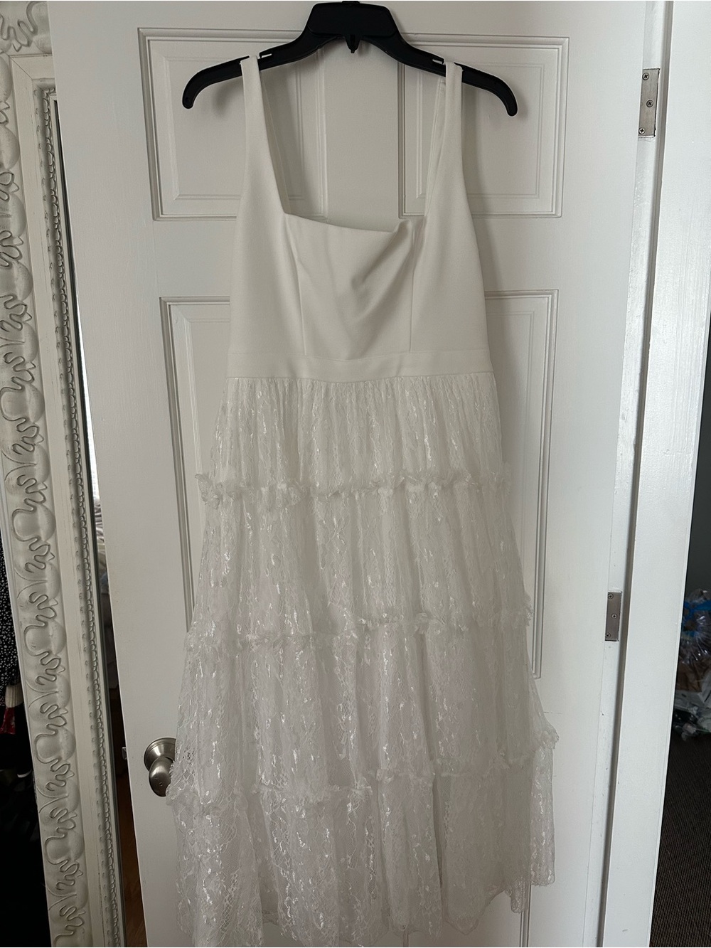 Adrianna Papell White Tiered Lace Overlay Midi Dress